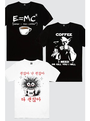 ROCKANDROLL Yoda Kahvesi, Enarjik Kahve, Sabah Kahvesi 3'lü Erkek Tshirt Eko Paket