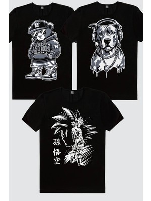 Rock&Roll Hiphop Teddy, Kolyeli Pit, Goku Silüet 3'lü Erkek Tshirt Eko Paket