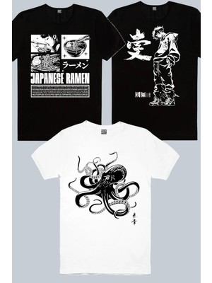 Rock&Roll Japon Noodle Siyah, Japon Ahtapot, Cool Anime 3'lü Erkek Tshirt Eko Paket