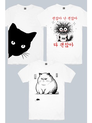 ROCKANDROLL Kedi Fare, Meraklı, Sabah Kahvesi 3'lü Erkek Tshirt Eko Paket