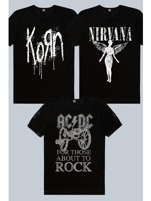 Rock&Roll Korn, Melek Nirvana Siyah, Top Rock Acdc Siyah 3'lü Erkek Tshirt Eko Paket