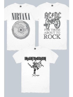 Rock&Roll Top Rock Acdc Beyaz, Iron Maiden Beyaz, Daire Daire Nirvana Beyaz 3'lü Erkek Tshirt Eko Paket