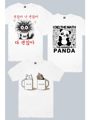 Rock&Roll Panda Cevabı, Sabah Kahvesi, Sütlü Sade Beyaz 3'lü Erkek Tshirt Eko Paket