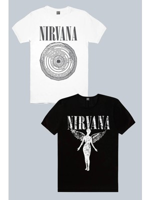 Rock&Roll Daire Daire Nirvana Beyaz, Melek Nirvana Siyah 2'li Erkek Tshirt Eko Paket
