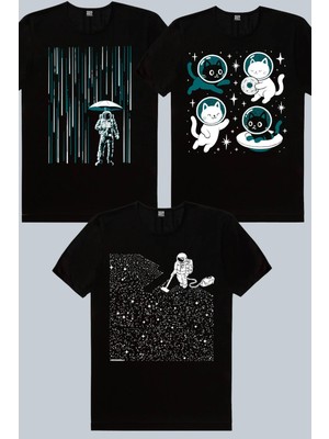Rock&Roll Uzay Yağmuru, Astro Kediler, Süpürgeli Astronot 3'lü Erkek Tshirt Eko Paket