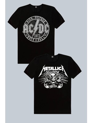 Rock&Roll Metallica Kurukafa, Dairede Acdc Siyah 2'li Kadın Tshirt Eko Paket