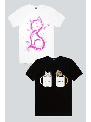 Rock&Roll Kedi Prenses Beyaz, Sütlü Sade Siyah 2'li Kadın Tshirt Eko Paket