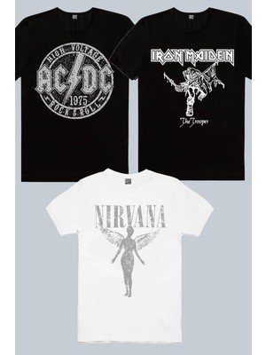 ROCKANDROLL Iron Maiden Siyah, Melek Nirvana Beyaz, Dairede Acdc Siyah 3'lü Erkek Tshirt Eko Paket