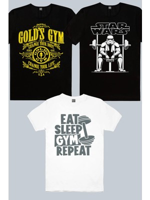 Rock&Roll Trooper Gym, Gym Hayatı Beyaz, Golds Gym 3'lü Erkek Tshirt Eko Paket