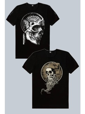 Rock&Roll Disk Kafa Siyah, Sakallı Kurukafa 2'li Erkek Tshirt Eko Paket