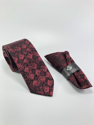 Pierroni Siyah Bordo Desen Mikrofiber Kravat Şık Mendilli Tasarım