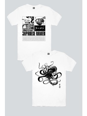 Rock&Roll Japon Noodle Beyaz, Japon Ahtapot 2'li Kadın Tshirt Eko Paket