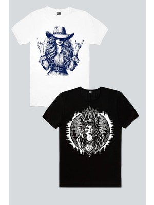 ROCKANDROLL Şapkalı Kız, Kızılderili Kız Siyah 2'li Kadın Tshirt Eko Paket