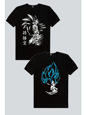 Rock&Roll Goku Silüet, Mavi Saçlı Kahraman 2'li Kadın Tshirt Eko Paket
