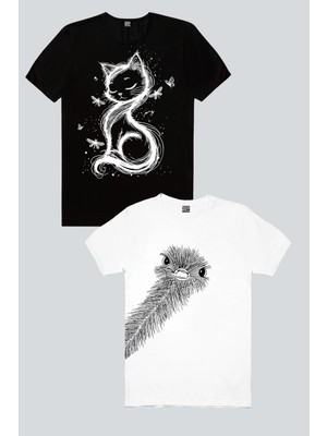 ROCKANDROLL Devekuşu Merakı, Kedi Prenses Siyah 2'li Kadın Tshirt Eko Paket
