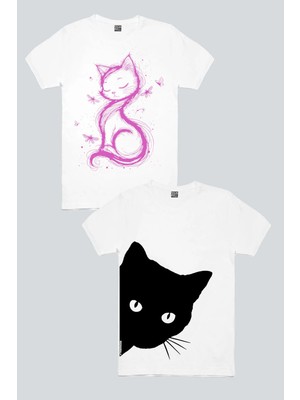 Rock&Roll Meraklı, Kedi Prenses Beyaz 2'li Kadın Tshirt Eko Paket