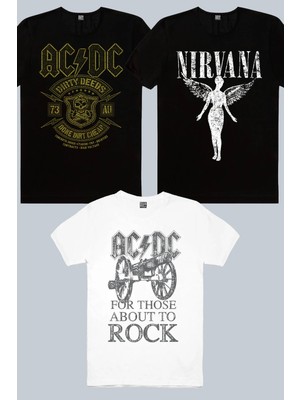 Rock&Roll Karlı Acdc, Top Rock Acdc Beyaz, Melek Nirvana Siyah 3'lü Kadın Tshirt Eko Paket