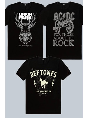 Rock&Roll Geometrik Geyik, Deftones, Top Rock Acdc Siyah 3'lü Kadın Tshirt Eko Paket