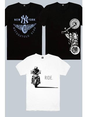 Rock&Roll Moto Gölgesi Beyaz, Dikey Motosiklet, Ny Moto Club Siyah 3'lü Kadın Tshirt Eko Paket