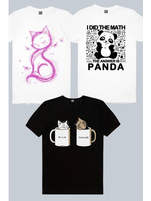 Rock&Roll Kedi Prenses Beyaz, Sütlü Sade Siyah, Panda Cevabı 3'lü Kadın Tshirt Eko Paket