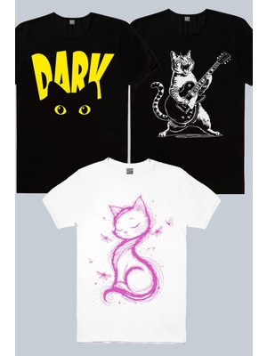 Rock&Roll Sarman Rock, Karanlık Kedi, Kedi Prenses Beyaz 3'lü Kadın Tshirt Eko Paket