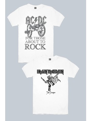 Rock&Roll Top Rock Acdc Beyaz, Iron Maiden Beyaz 2'li Kadın Tshirt Eko Paket