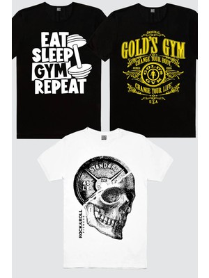 Rock&Roll Disk Kafa Beyaz, Golds Gym, Gym Hayatı Siyah 3'lü Erkek Tshirt Eko Paket