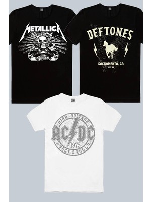Rock&Roll Deftones, Metallica Kurukafa, Dairede Acdc Beyaz 3'lü Kadın Tshirt Eko Paket