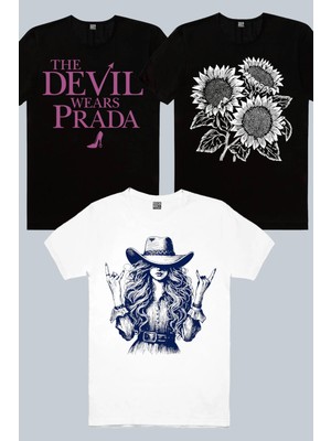 Rock&Roll Marka Sever Siyah, Şapkalı Kız, Yaz Çiçekleri 3'lü Kadın Tshirt Eko Paket