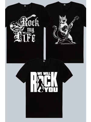 ROCKANDROLL Sarman Rock, Hayatım Rock, Just Rock You Siyah 3'lü Erkek Tshirt Eko Paket