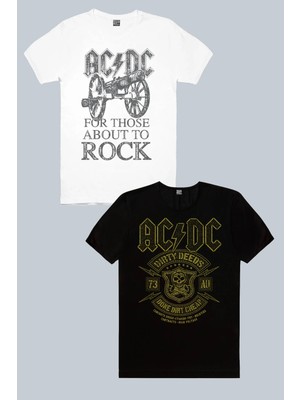 Rock&Roll Karlı Acdc, Top Rock Acdc Beyaz 2'li Erkek Tshirt Eko Paket