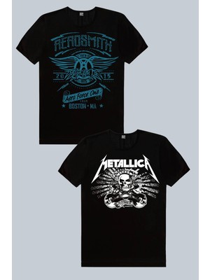 Rock&Roll Aerosmith, Metallica Kurukafa 2'li Erkek Tshirt Eko Paket