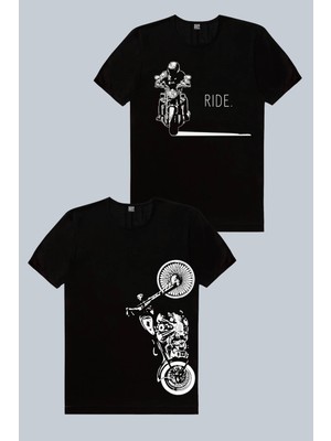 Rock&Roll Moto Gölgesi Siyah, Dikey Motosiklet 2'li Erkek Tshirt Eko Paket