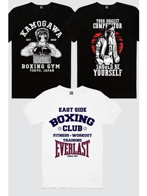 ROCKANDROLL Anime Boksör, Rakipsiz Boksör, Boks Kulübü Beyaz 3'lü Erkek Tshirt Eko Paket