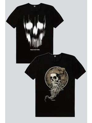 Rock&Roll Matriks Kurukafa Siyah, Sakallı Kurukafa 2'li Erkek Tshirt Eko Paket