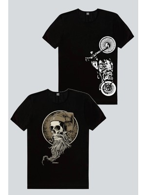 Rock&Roll Sakallı Kurukafa, Dikey Motosiklet 2'li Erkek Tshirt Eko Paket