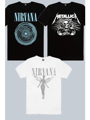 Rock&Roll Daire Daire Nirvana Siyah, Melek Nirvana Beyaz, Metallica Kurukafa 3'lü Kadın Tshirt Eko Paket