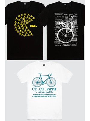 Rock&Roll Bisiklet Hastası Beyaz, Bisikletli Oyun, Yarış Bisikleti Yazılar Siyah 3'lü Kadın Tshirt Eko Paket