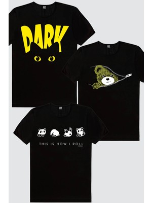 Rock&Roll Fermuarlı Teddy, Panda Taklası, Karanlık Kedi 3'lü Erkek Tshirt Eko Paket