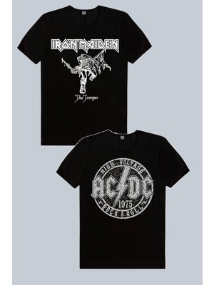 ROCKANDROLL Iron Maiden Siyah, Dairede Acdc Siyah 2'li Kadın Tshirt Eko Paket