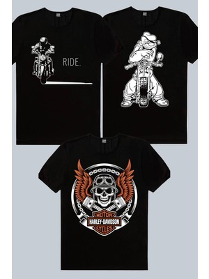 Rock&Roll Moto Gölgesi Siyah, Temel Motor, Motorcu Kurukafa 3'lü Erkek Tshirt Eko Paket