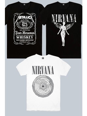 Rock&Roll Daire Daire Nirvana Beyaz, Melek Nirvana Siyah, Metallica Jack Logo 3'lü Kadın Tshirt Eko Paket