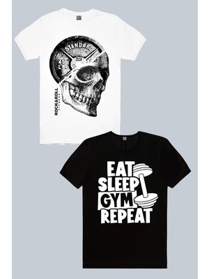 Rock&Roll Disk Kafa Beyaz, Gym Hayatı Siyah 2'li Erkek Tshirt Eko Paket
