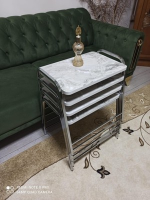 Güvenç Zigon Sehpa Alaca Beyaz Mermer Desenli Nikelaj Kaplama Metal Ayaklı 55x35 cm