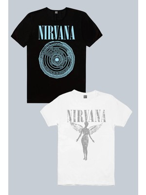 ROCKANDROLL Daire Daire Nirvana Siyah, Melek Nirvana Beyaz 2'li Erkek Tshirt Eko Paket