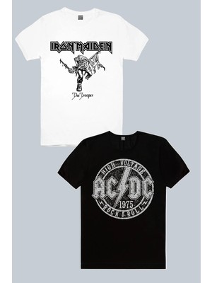 ROCKANDROLL Iron Maiden Beyaz, Dairede Acdc Siyah 2'li Erkek Tshirt Eko Paket