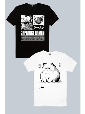 Rock&Roll Japon Noodle Siyah, Kedi Fare 2'li Kadın Tshirt Eko Paket