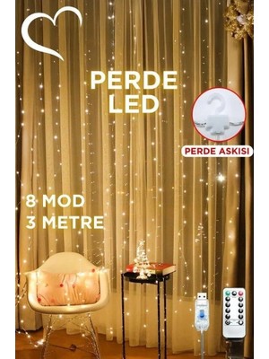 aklow akyoleticaret Lw-7 300 Ledli 10 Sarkıt Perde LED Işık, 8 Modlu Uzaktan Kumandalı, 3x3 Metre Peri Telli LED