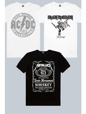 Rock&Roll Iron Maiden Beyaz, Dairede Acdc Beyaz, Metallica Jack Logo 3'lü Erkek Tshirt Eko Paket