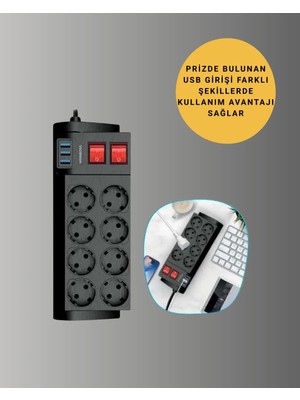 Esranın Dünyası Güçlü Termal Korumalı 8 Priz + 3 USB Çoklu Uzatma Kablosu 2m